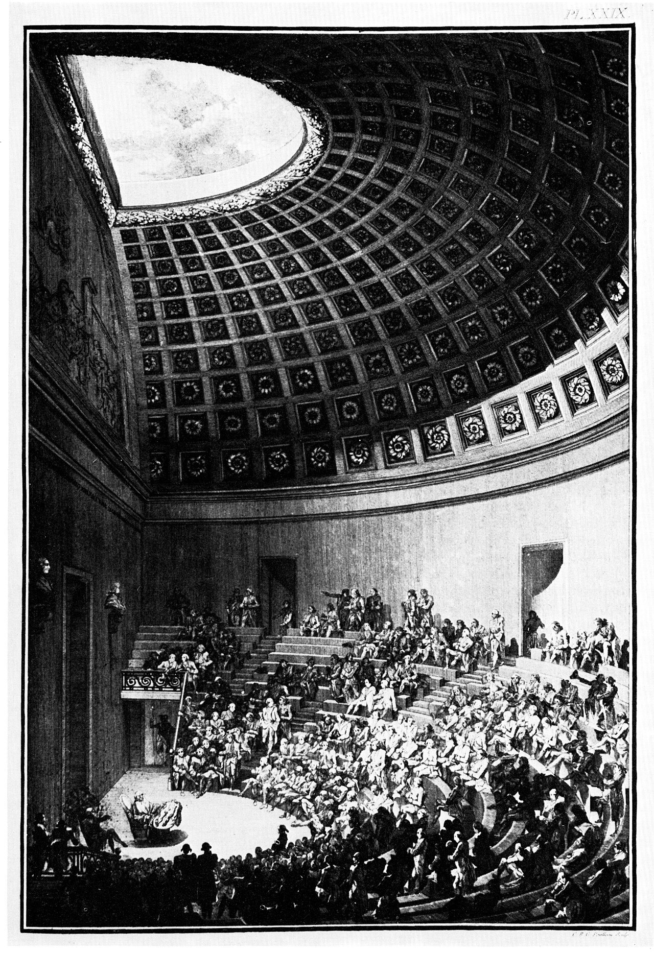 Engraving of an eighteenth-century surgical amphitheatre, tiers of spectators ringing the operating floor