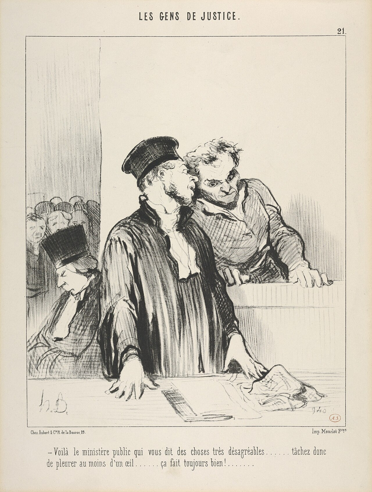 Daumier lithograph of a nineteenth-century courtroom, counsel leaning toward a defendant in the dock