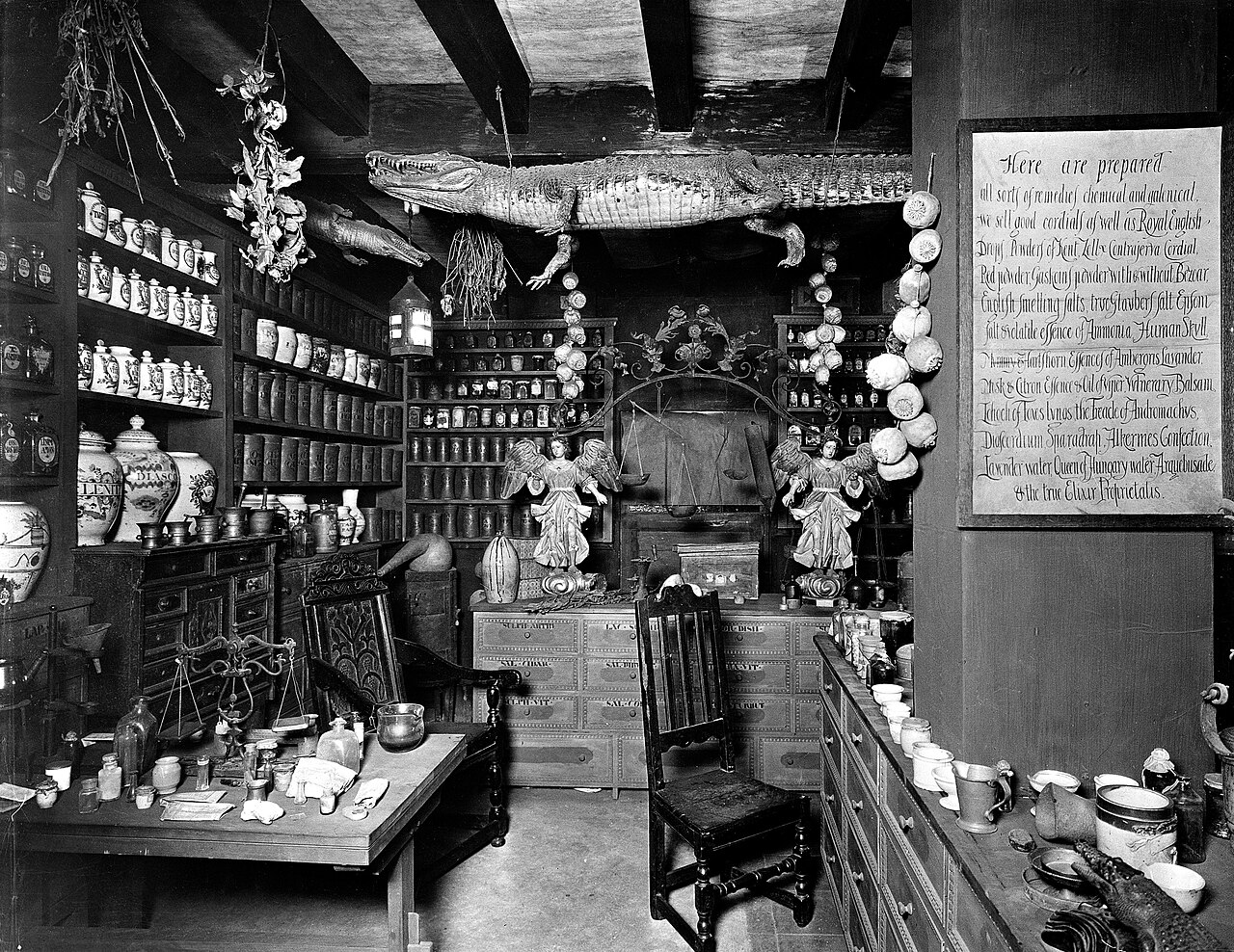 Reconstruction of a seventeenth-century apothecary's shop lined with labelled drug jars