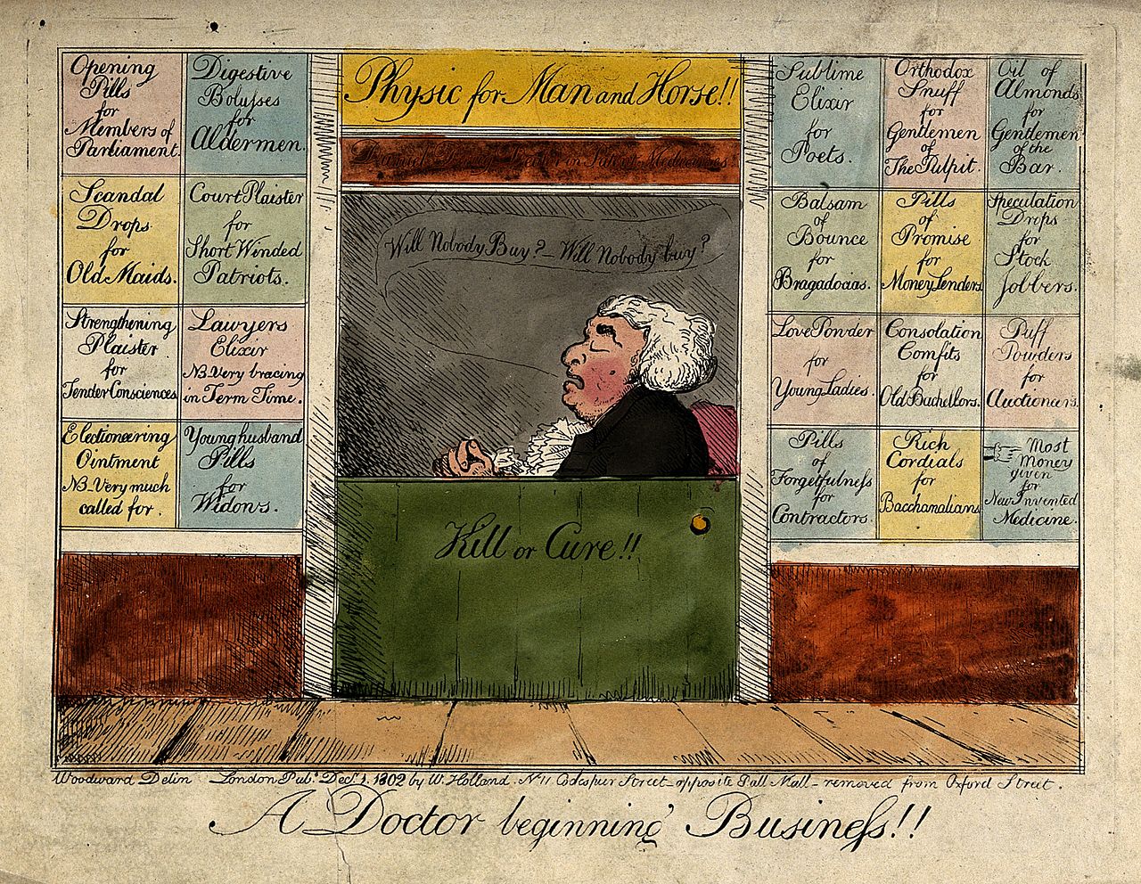 Coloured etching of a quack doctor opening for business at a street stall
