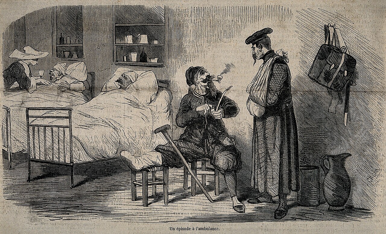 Nineteenth-century print of a hospital ward, beds ranged along both walls