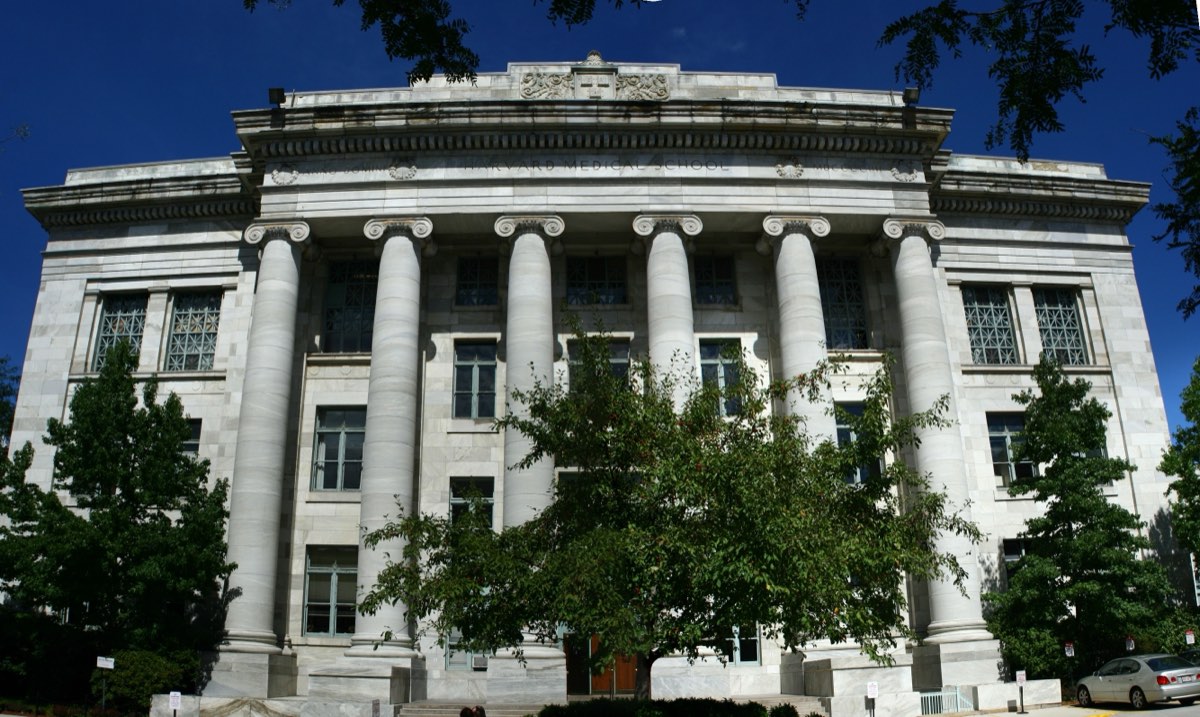 The columned stone facade of Harvard Medical School in Boston.