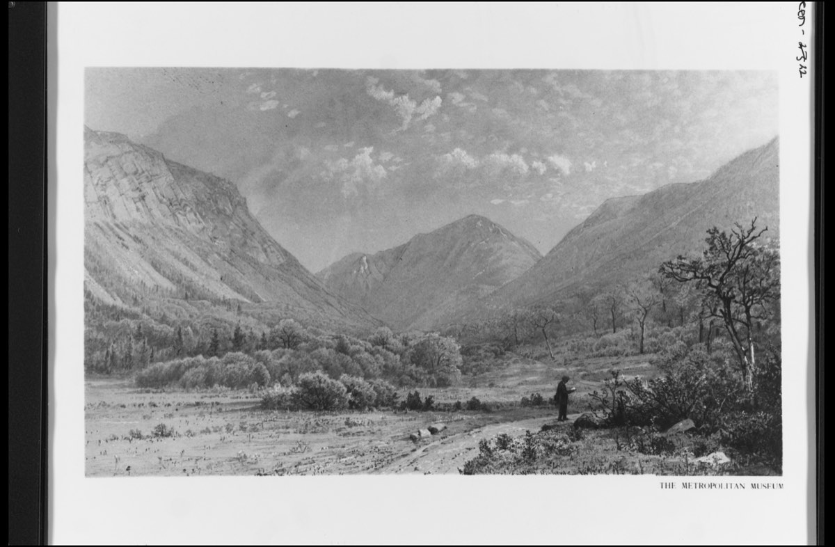 Nineteenth-century landscape painting of Franconia Notch, New Hampshire: wooded slopes beneath heavy cloud.