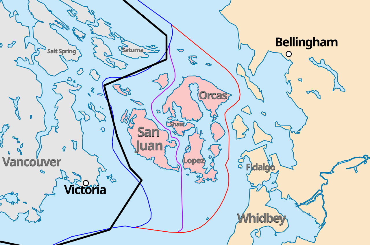Map of San Juan Island and the surrounding straits, showing the rival British and American boundary claims that the shooting of a pig brought to the point of war.