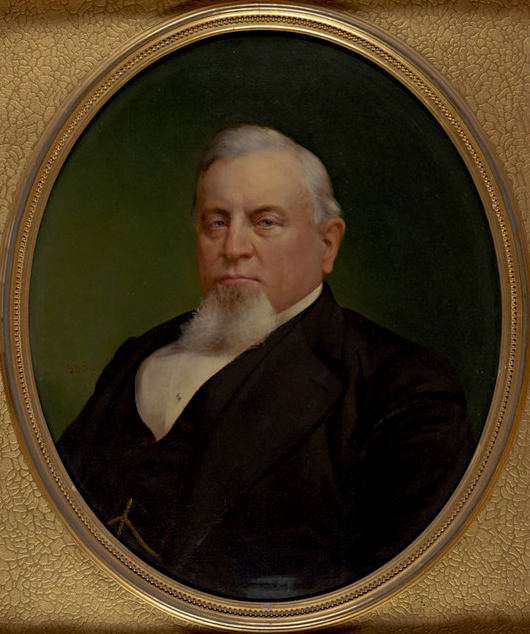 Painted portrait of the railroad magnate Charles Crocker, who built a forty-foot fence around his neighbour’s cottage on Nob Hill.