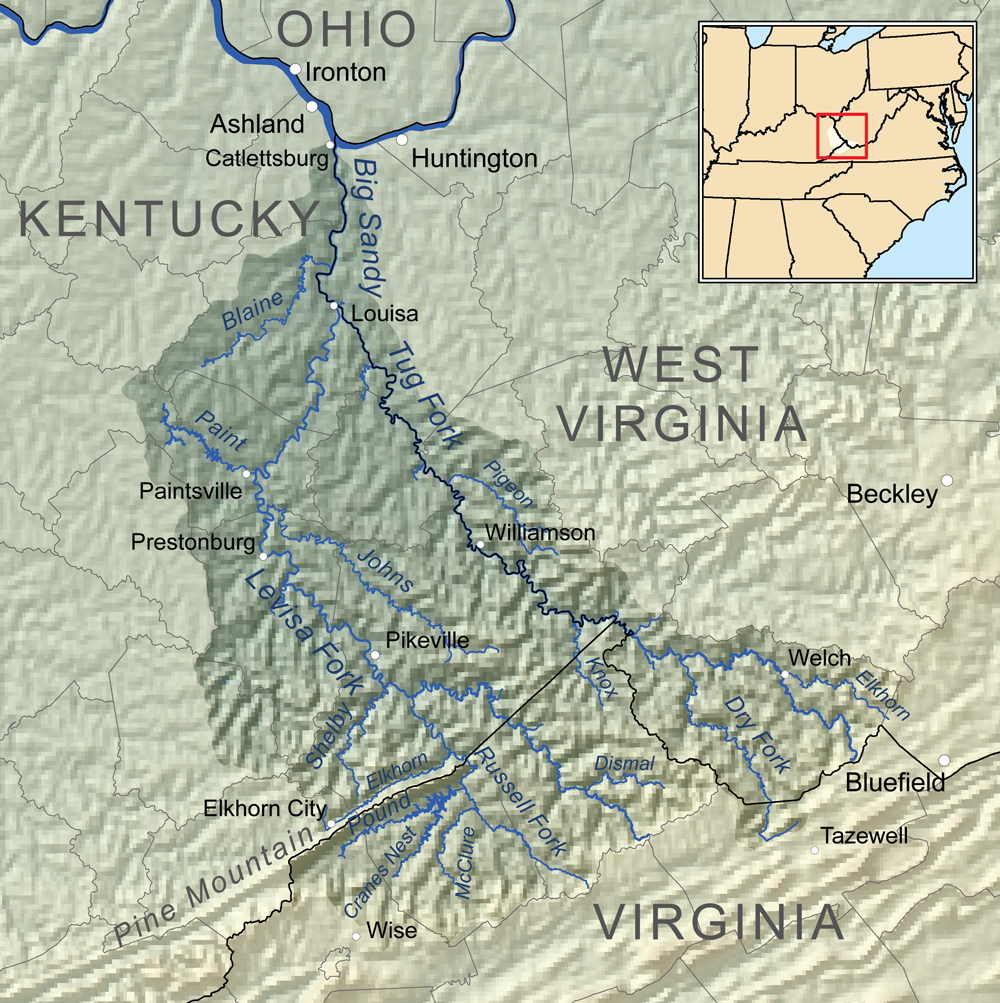 Map of the Big Sandy River watershed on the Kentucky–West Virginia line; its Tug Fork branch divided the Hatfields from the McCoys.