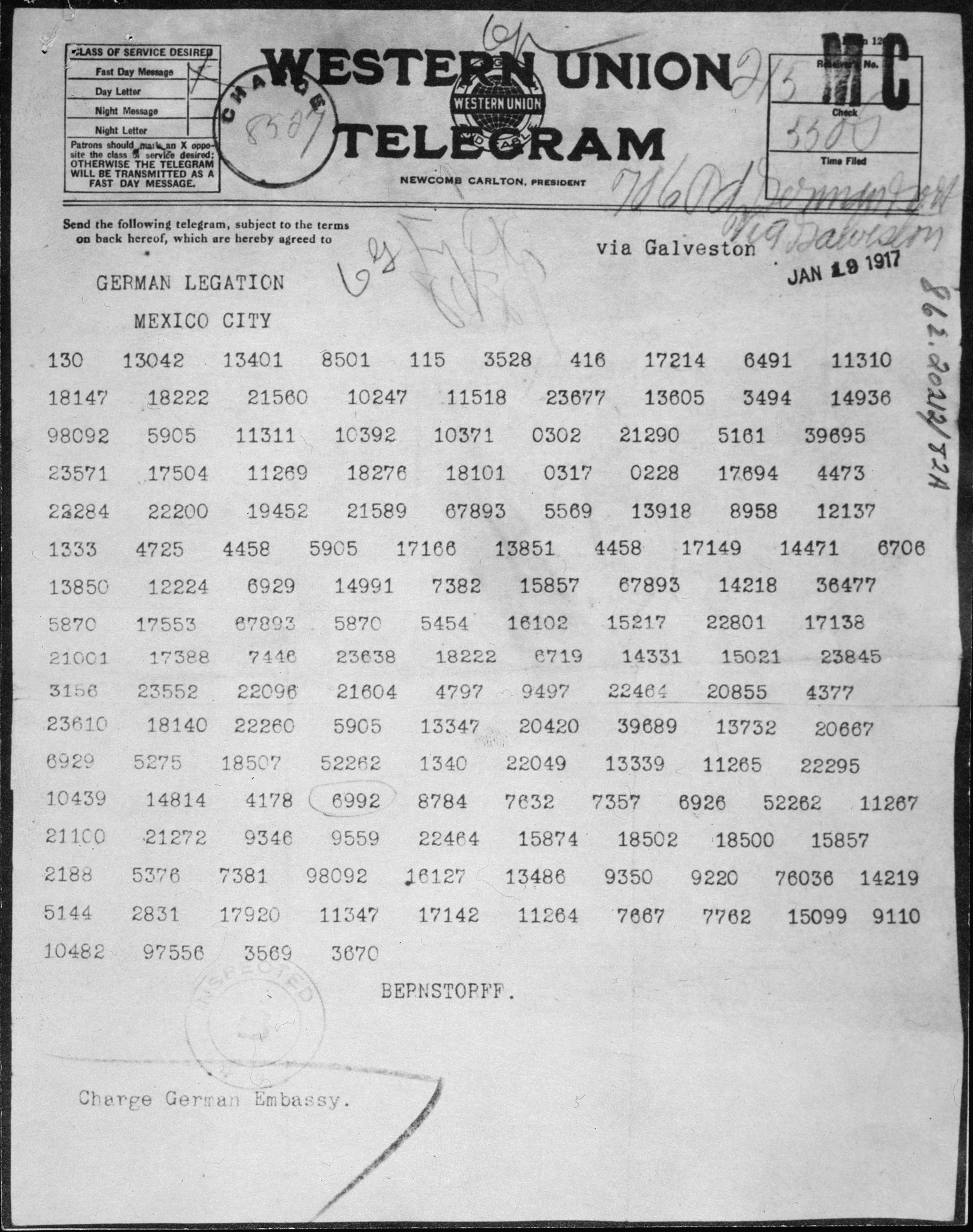 The Zimmermann Telegram as received by the German ambassador to Mexico